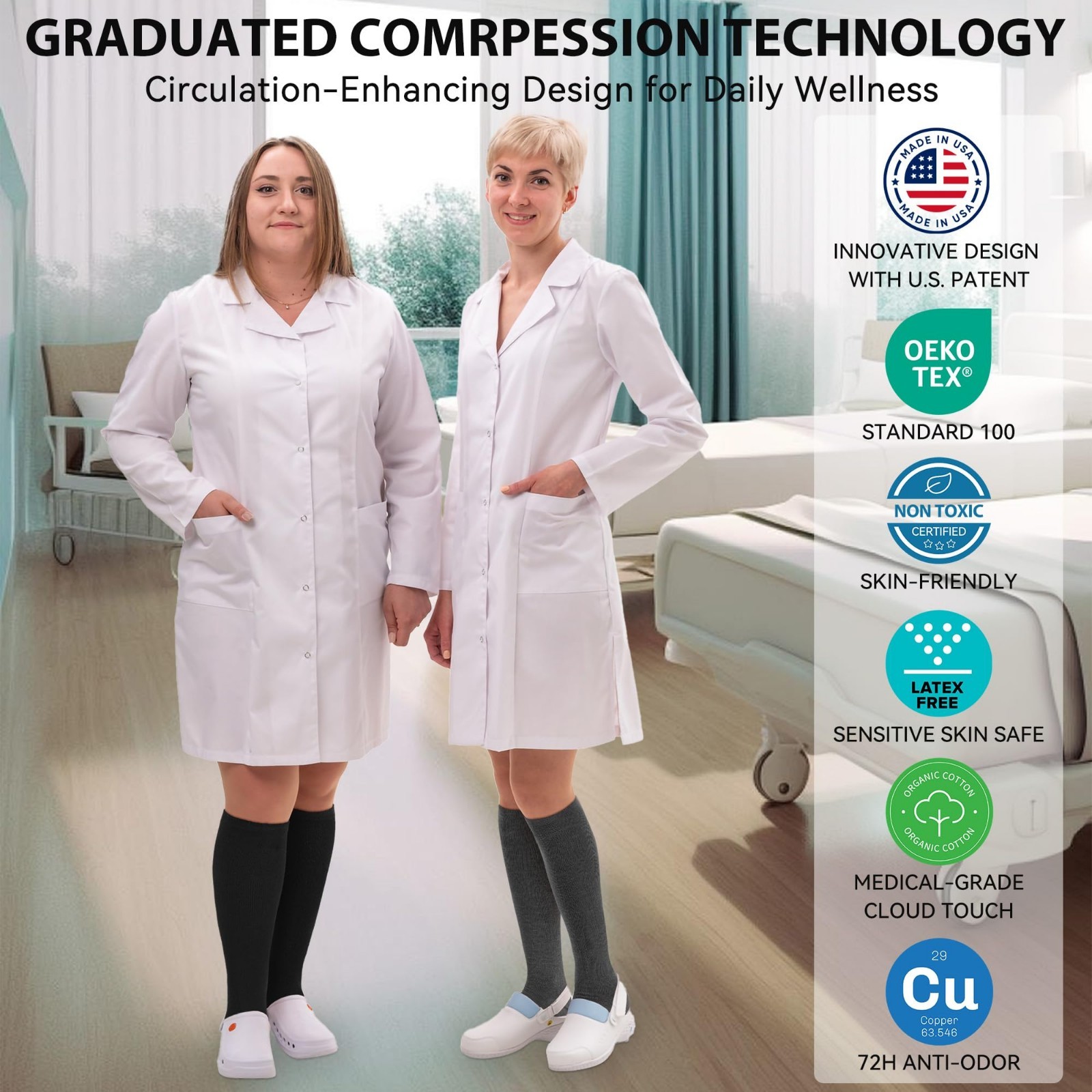 Compression Socks for Men & Women 15-20mmHg Cotton Rich, Odor Control, Medical S