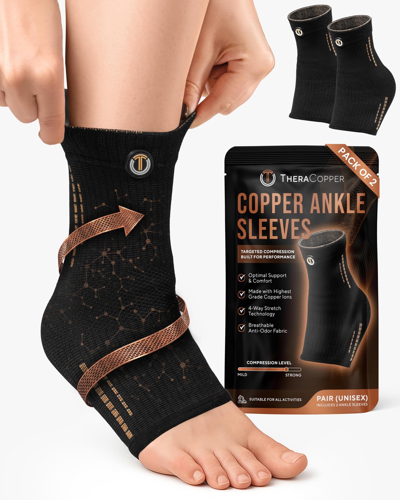 TheraCopper Copper Ankle Brace for Men & Women (XX-Large, 2 XX-Large, Black