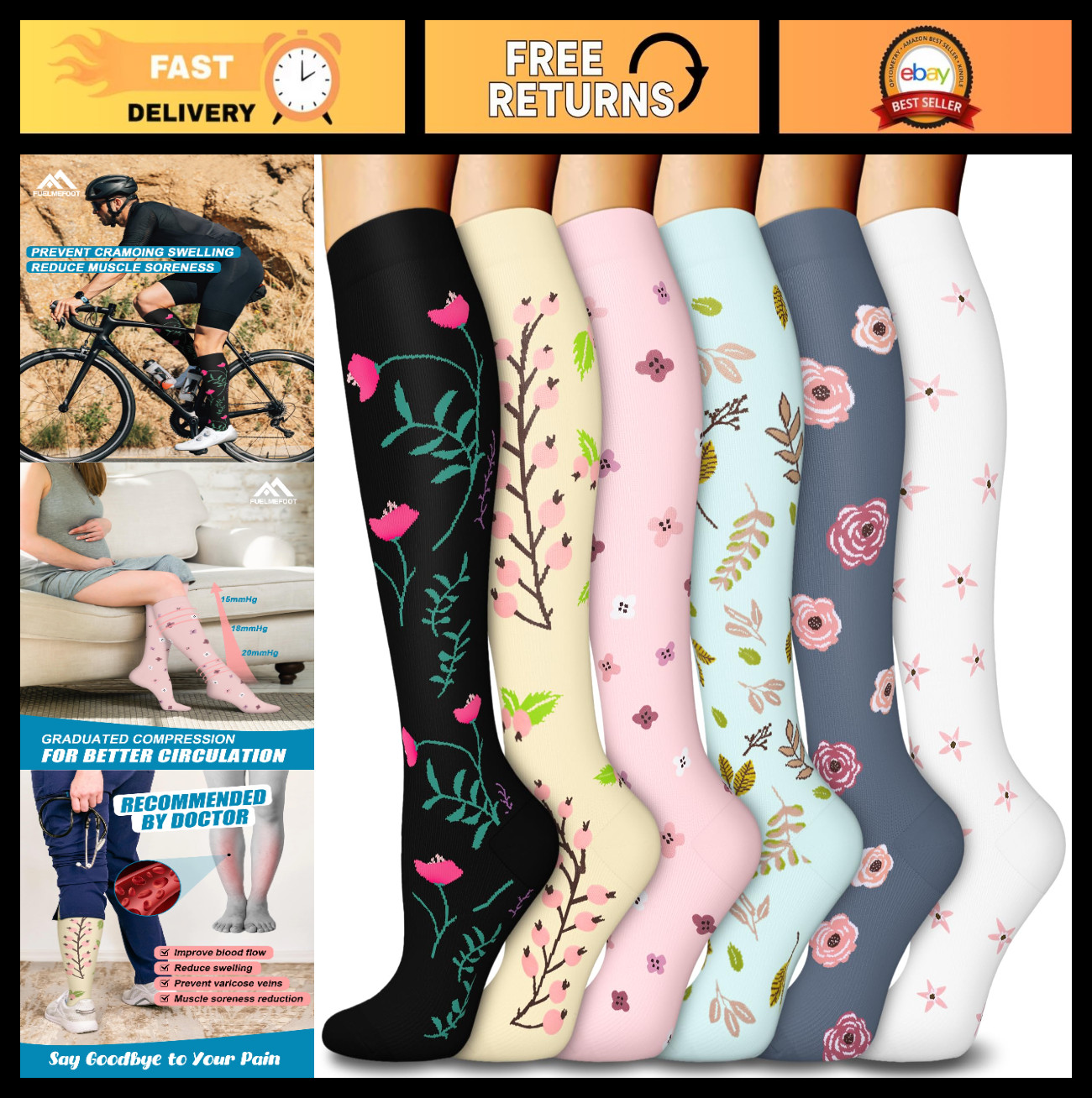 6 Pairs Compression Socks 15-20mmHg Knee High Support for Men & Women, Travel, A