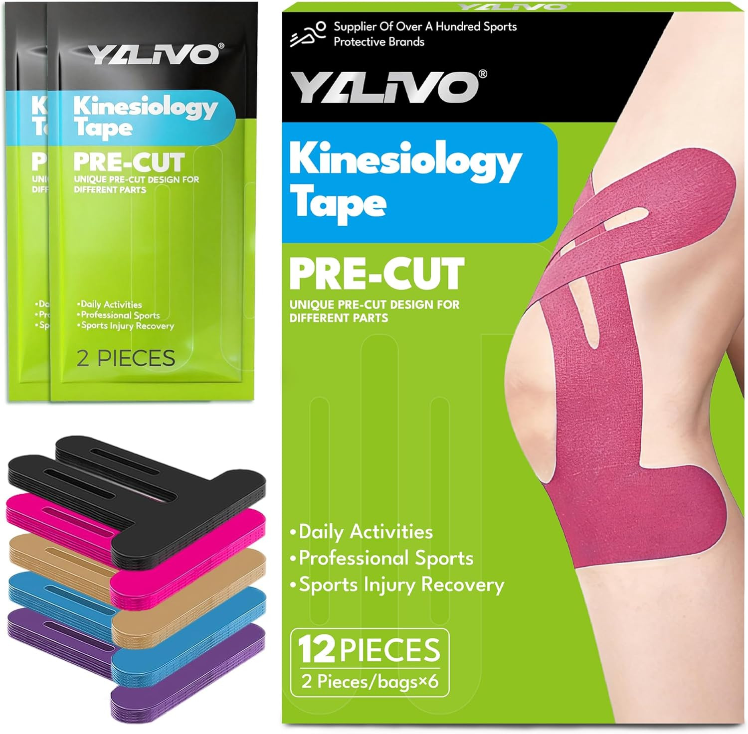 Precut Kinesiology Tape for Knees, 12 Pcs Individual Packeaged – Knee Support &