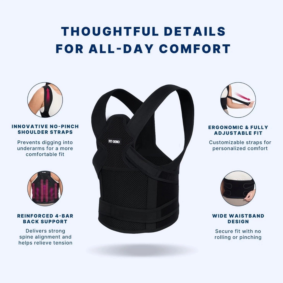 Fit Geno Back Brace Posture Corrector for Women and Men, Shoulder Straightener,