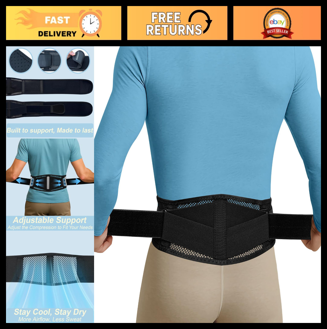 Lightweight Back Brace for Lower Back Pain Relief – Adjustable Lumbar Support Be