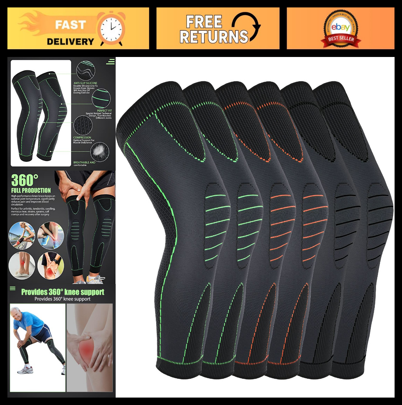 6 Pcs Full Leg Compression Sleeves & Knee Braces for Joint Pain Relief, Varicose