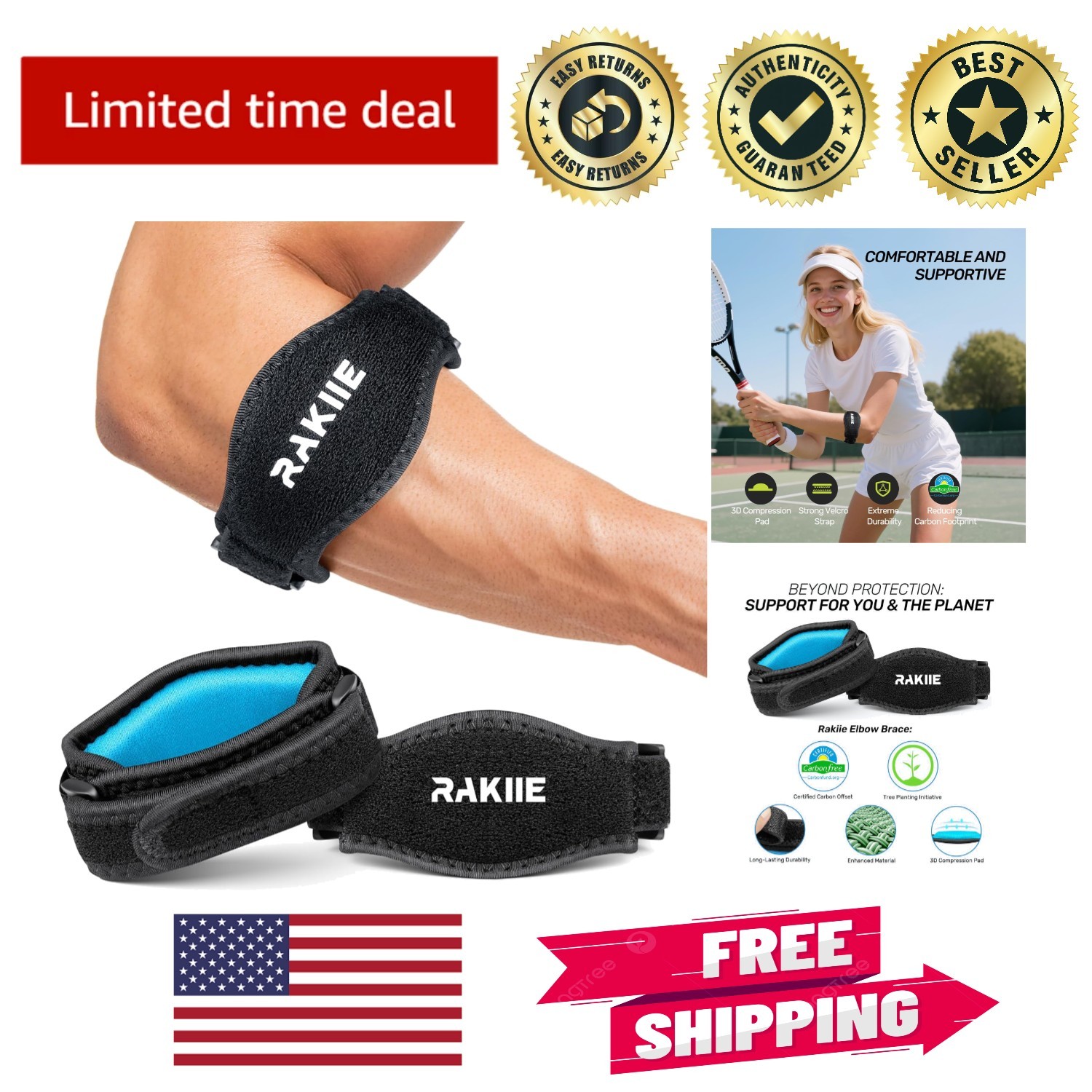 Sustainable Tennis Elbow Brace for Men & Women – 2 Pack of Adjustable Support