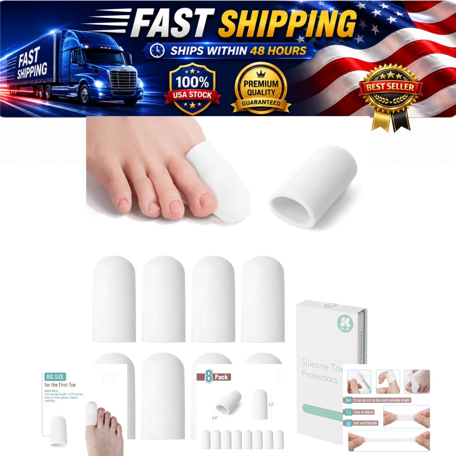 Silicone Toe Protectors 4 Pairs Large White DR JK Gel Toe Guards