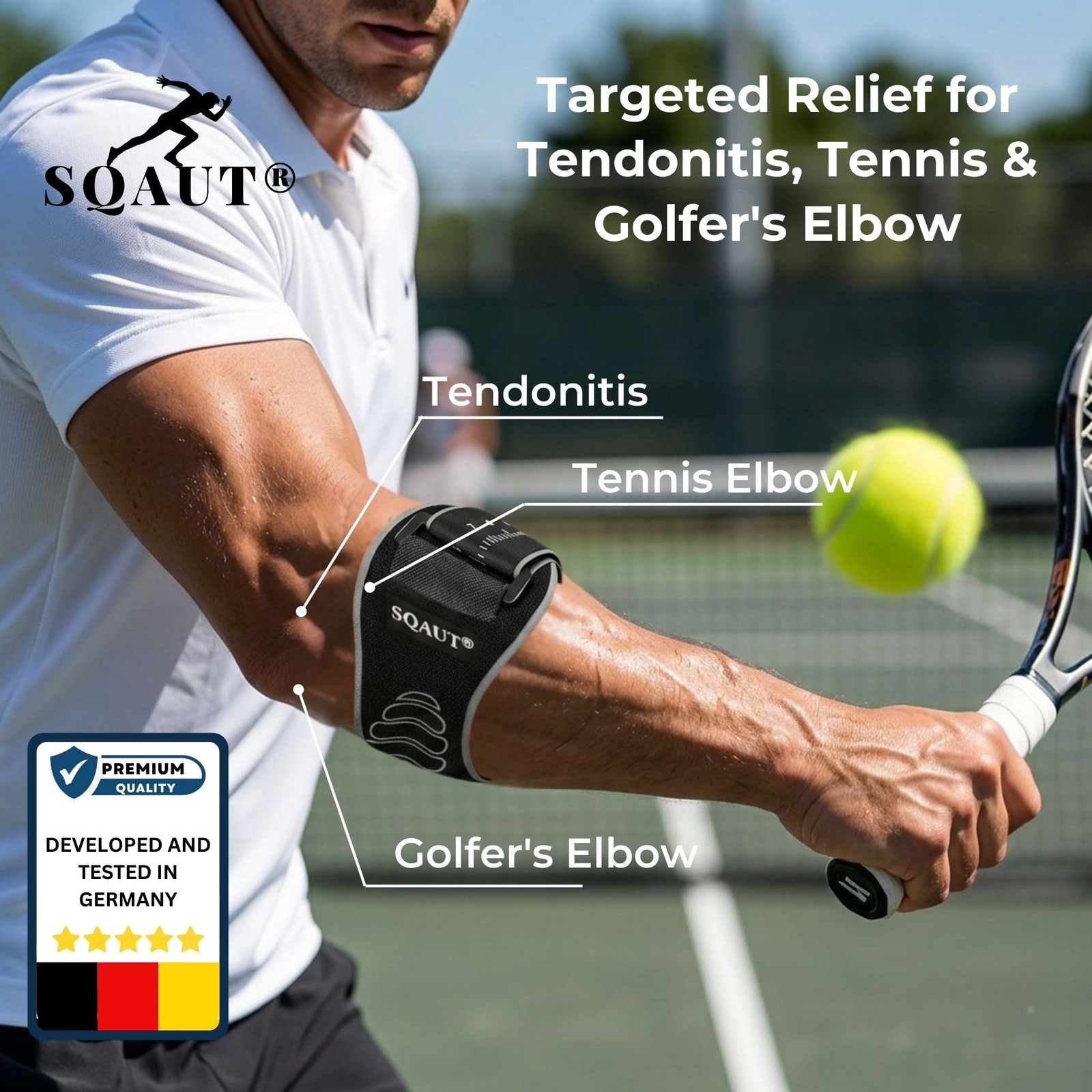 SQAUT Tennis Elbow Brace Support for Pain Relief & Injury Prevention – Black