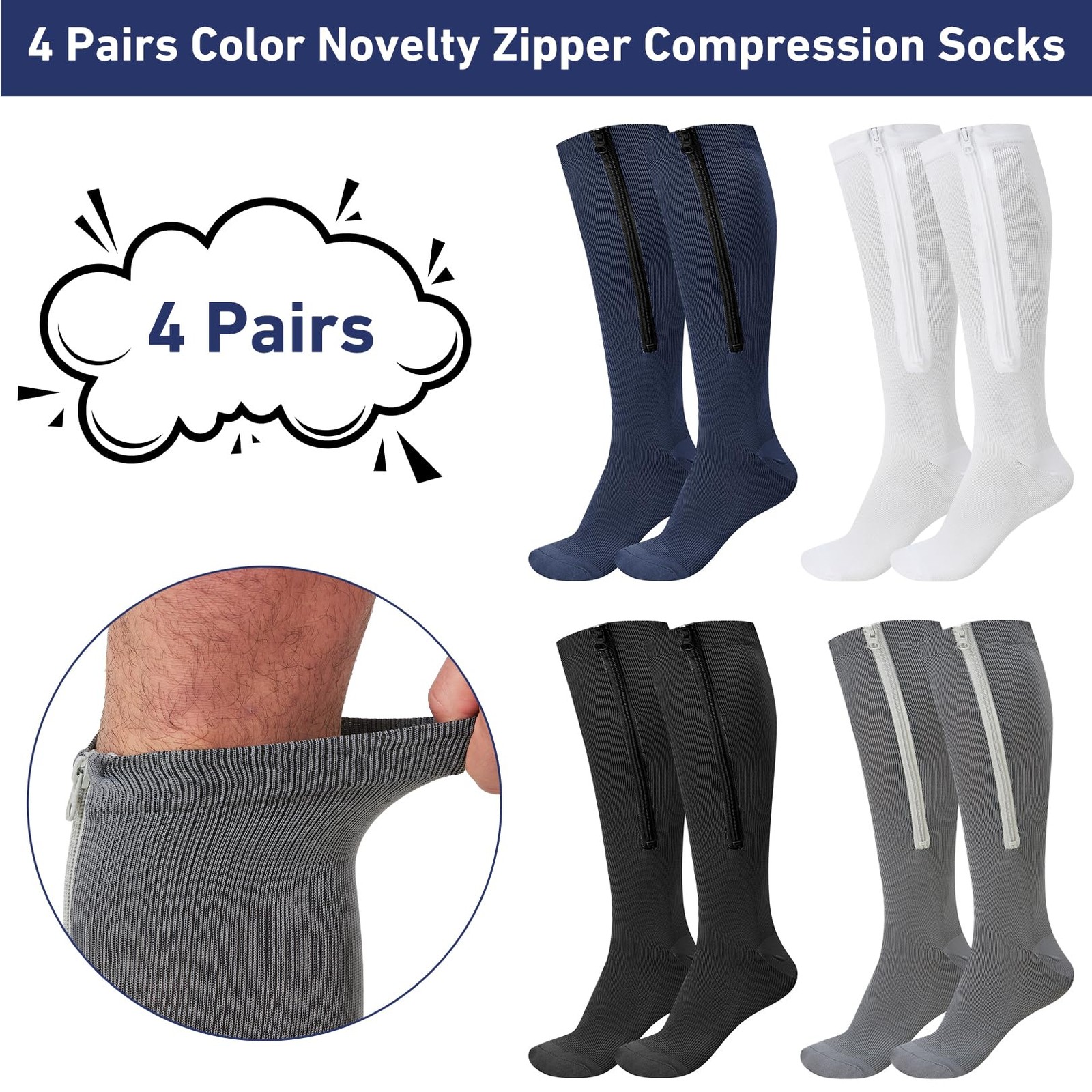 4 Pairs Zipper Compression Socks for Women & Men Large-X Large, Classic Color