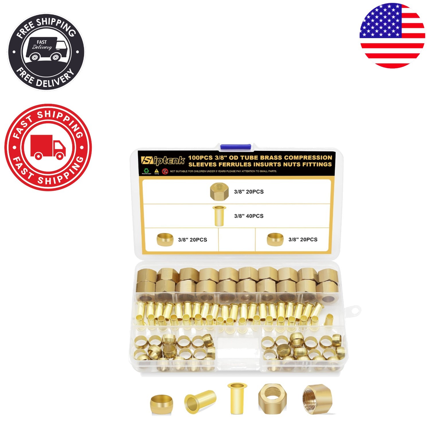 Complete 100PC Brass Compression Fitting Set: Ferrules, Inserts & Nuts Included
