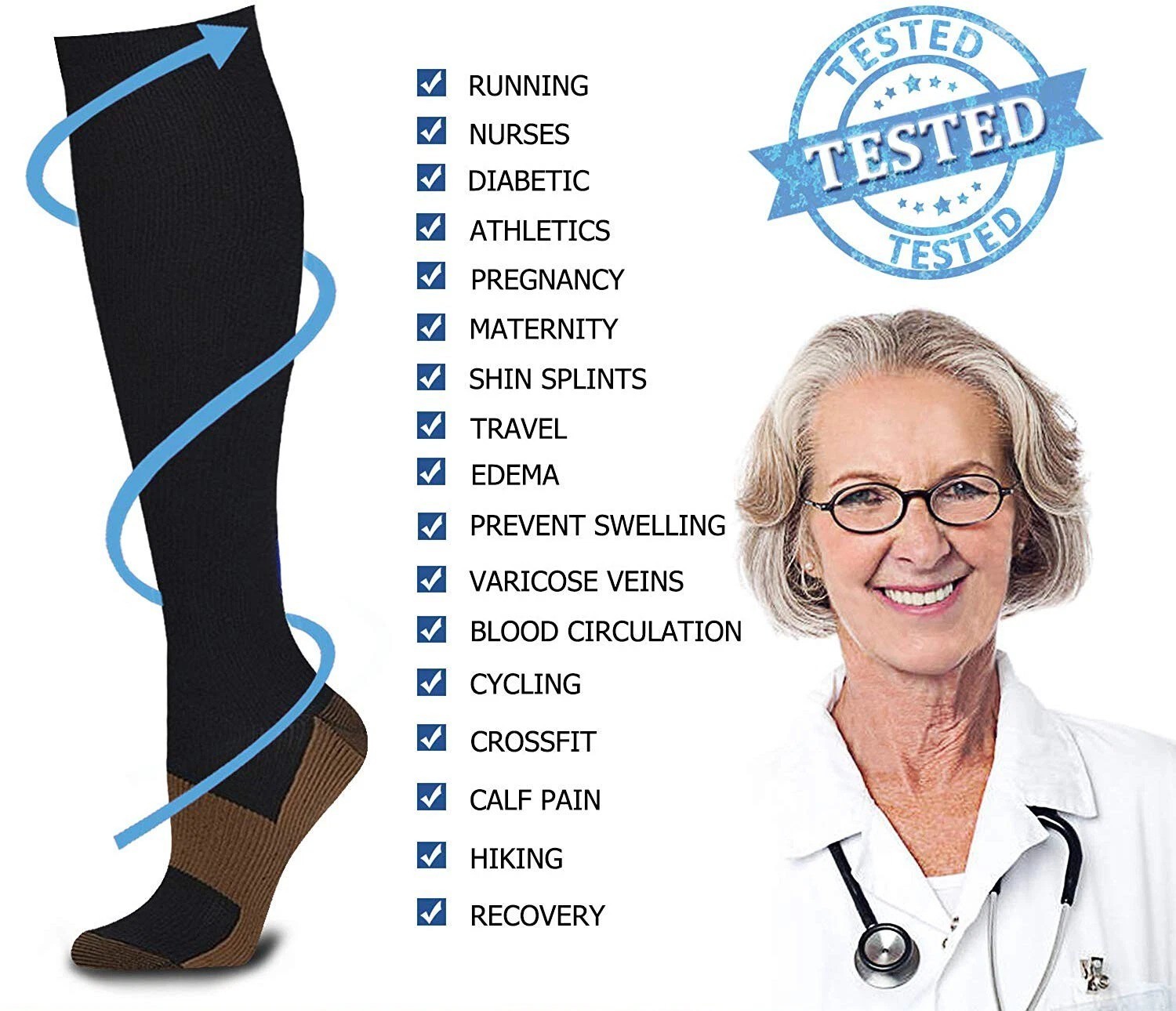 Copper Compression Socks 20-30mmHg Graduated Support Mens Womens L/XL Wholesale