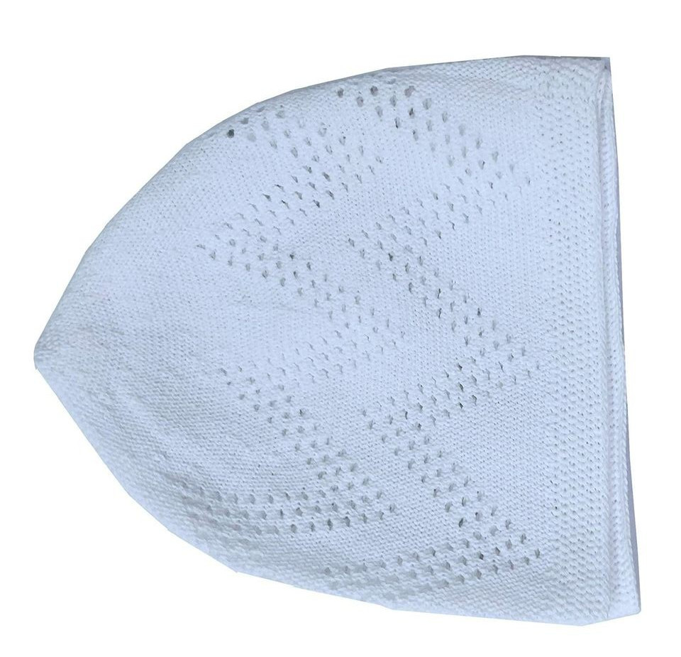 Muslim White Cotton Open-Knit Turkish Islamic Skull Kufi Cap Kuffiyeh Hat