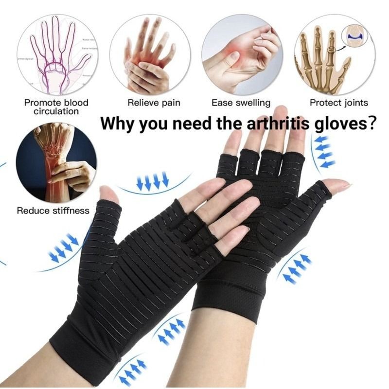 Copper Compression Gloves Anti Arthritis Fingerless Hand Support Pain Relief UK