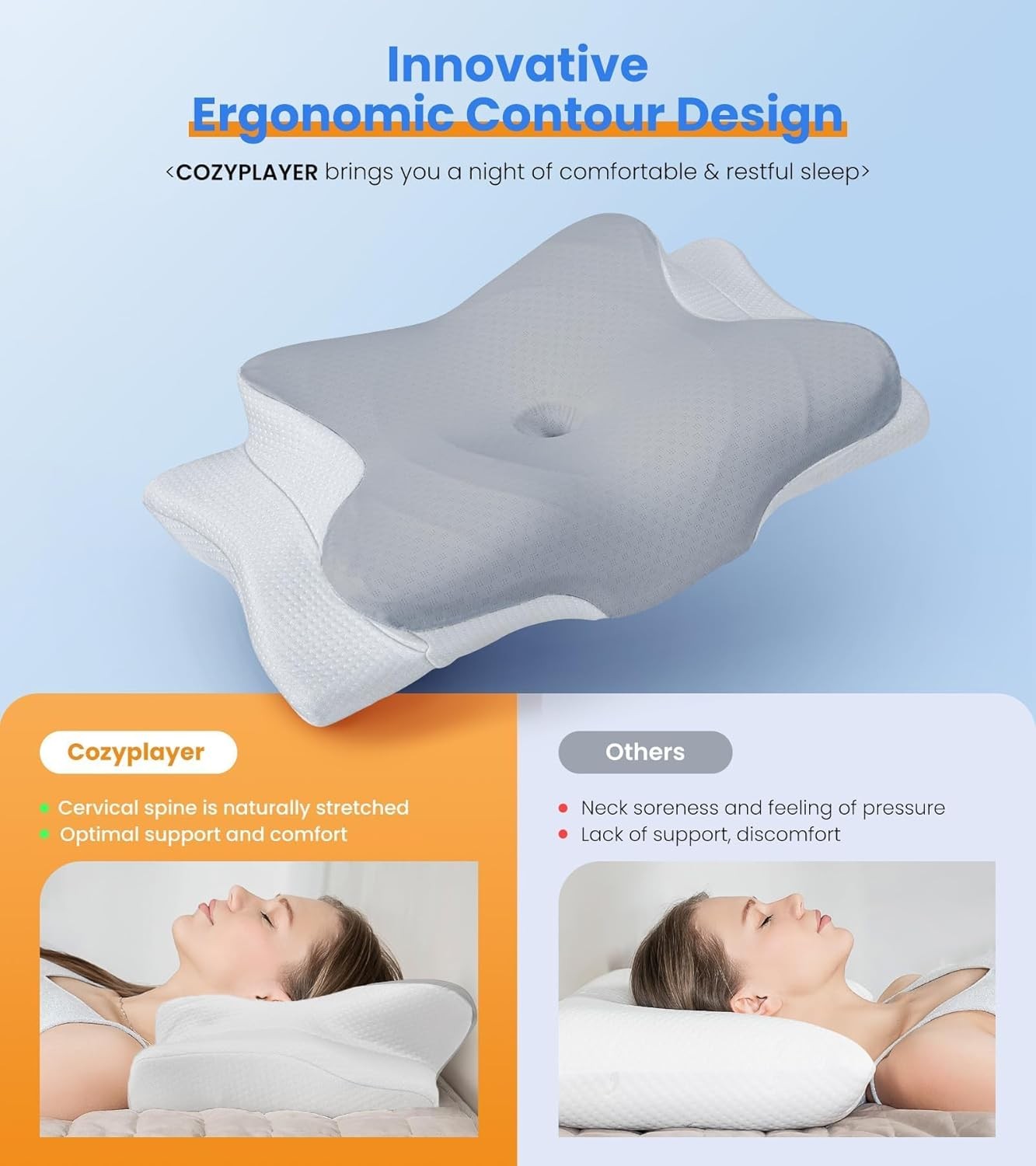 Adjustable Dark Grey Cervical Cooling Neck Support Pillow for Pain Relief