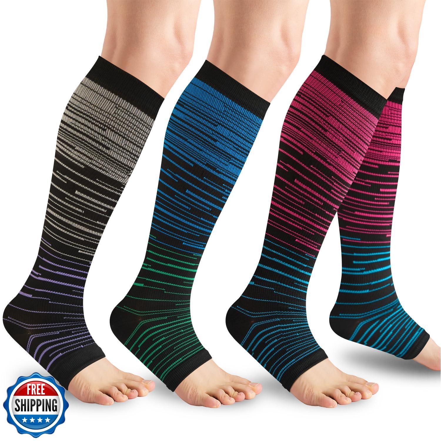 Owcorowan 3 Pairs Open Toe Compression Socks for Men and Women – 15-20 mmhg K
