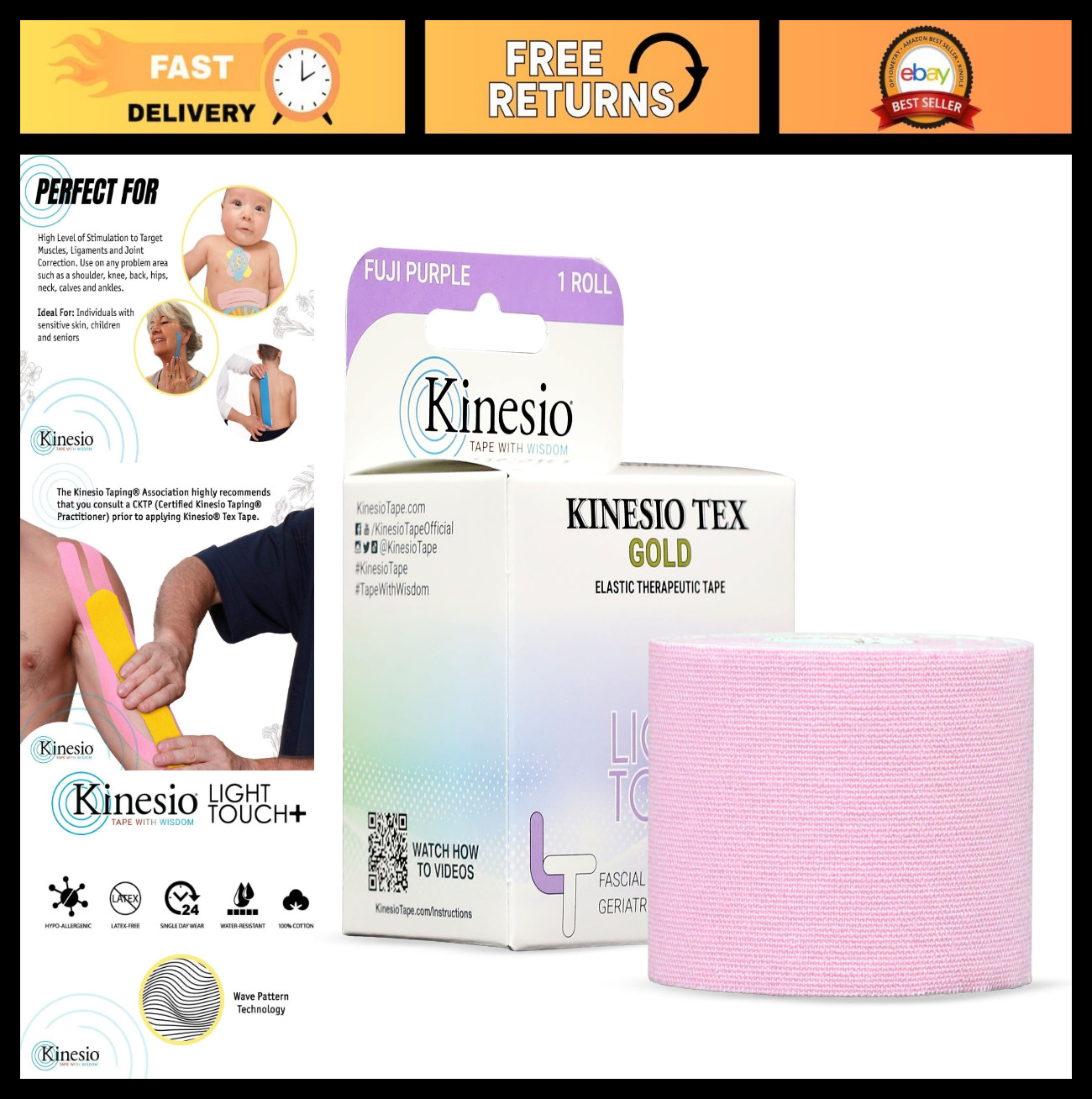 Elastic Therapeutic Athletic Tape – Kinesio Taping, Fuji Purple, 2″ x 16.4 ft