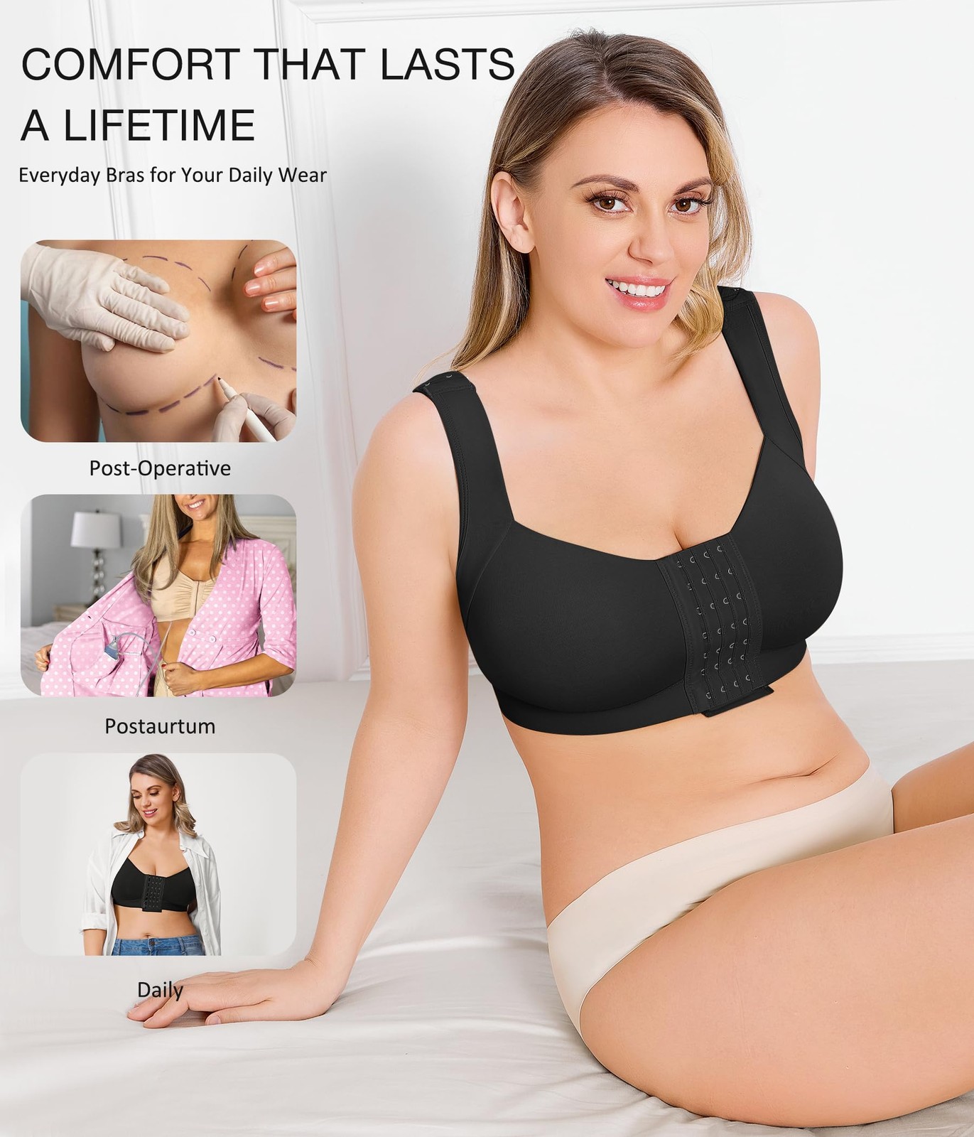 BRABIC Front Closure Post Surgery Compression Bras for Women Surgical Black