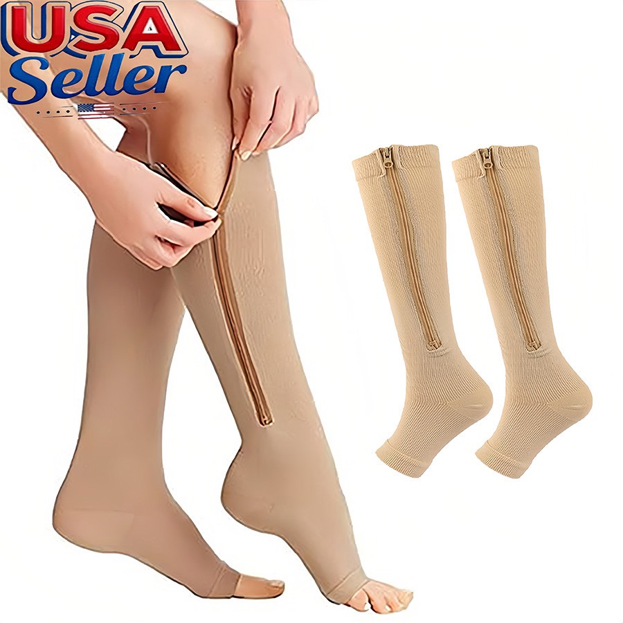 1 & 3 Pairs OPEN TOE Compression Socks 15-20mmHg Graduated Knee High Calf Zip Up