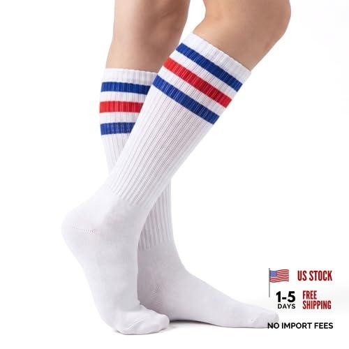White Striped Socks, 80s Knee High Socks, Long Tube Sock with Red/White/Blue