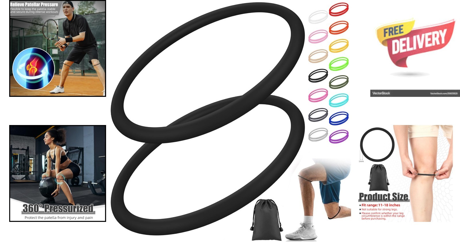 Adjustable Patella Knee Support Band – Lightweight Silicone Brace, Black, Size M