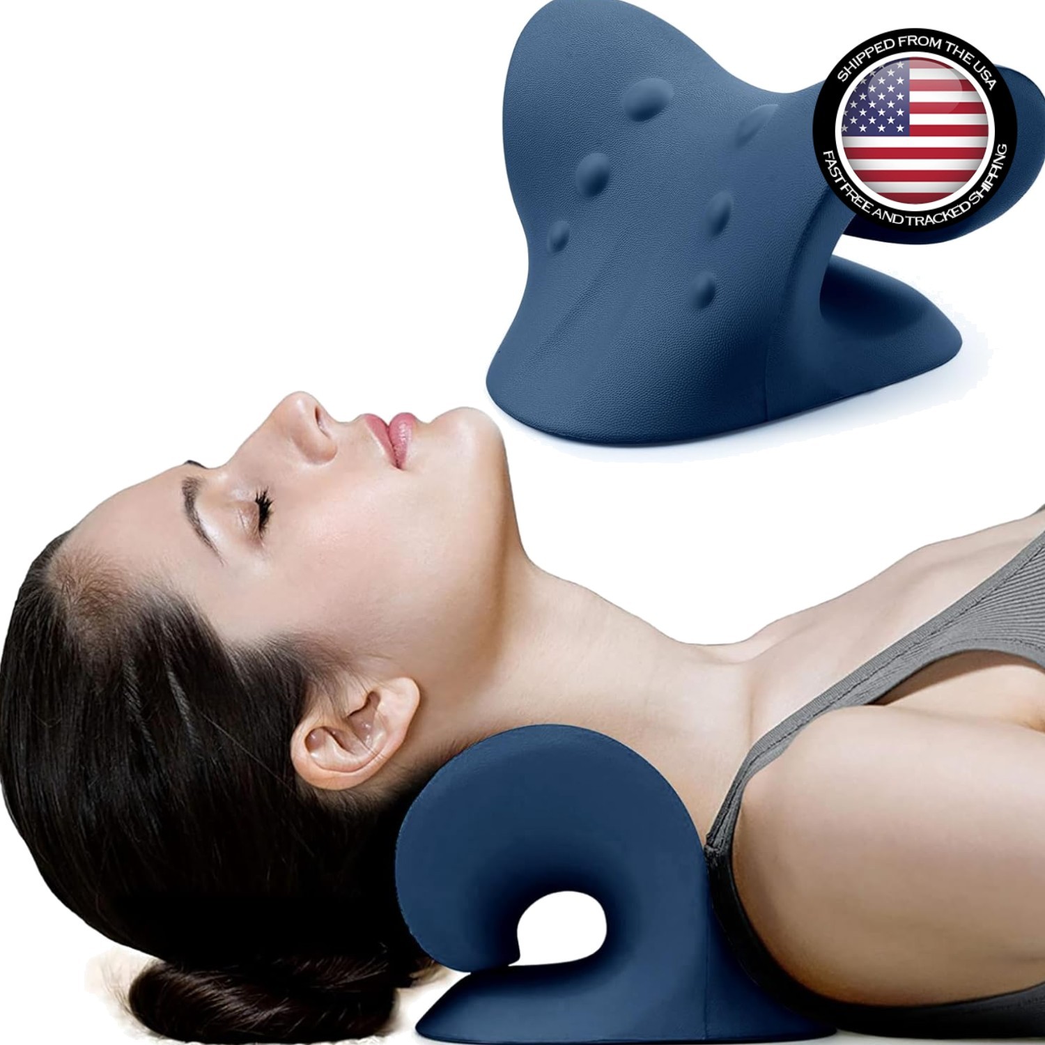 Cervical Pillow for Neck Pain Relief – Ergonomic Foam Neck Stretcher, Dark Blue