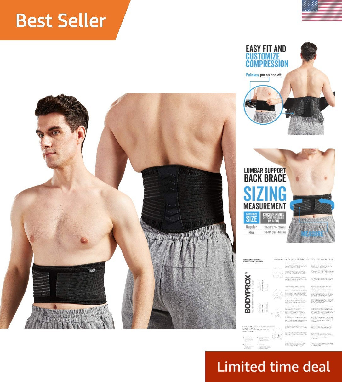 Unisex Adjustable Back Brace for Lower Lumbar Pain Relief – 28″ to 50″ Size