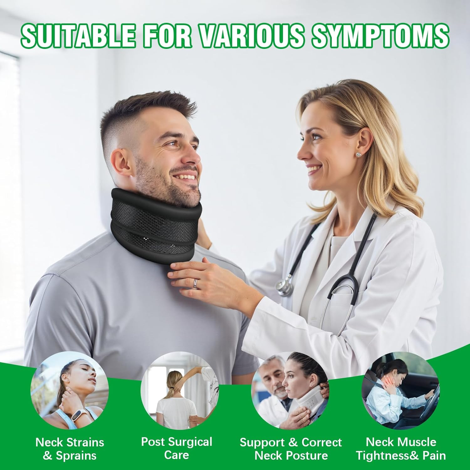 Neck Brace – 2 in 1 Adjustable Cervical Collar with Soft Breathable Support for