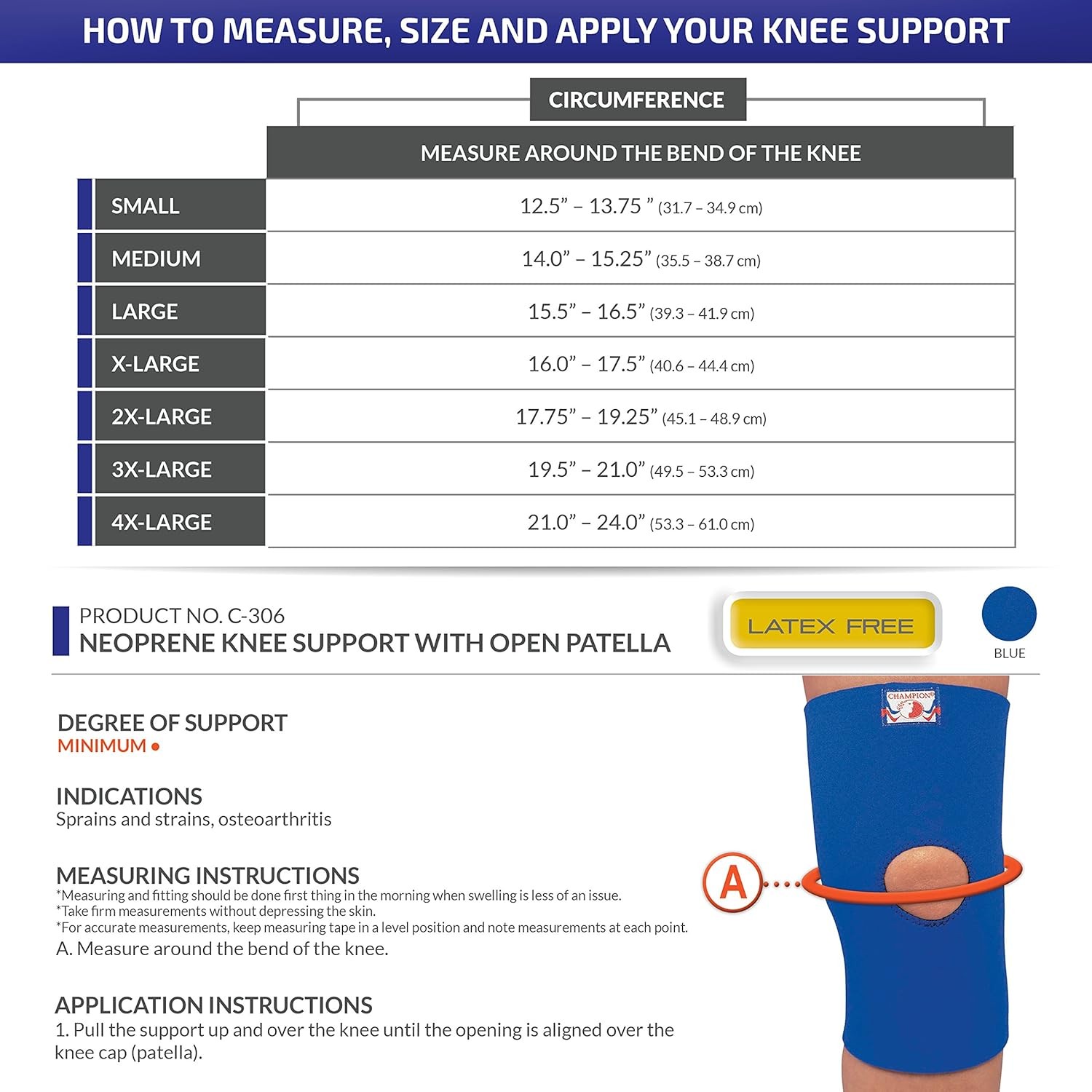 Champion/OTC Knee Support, Open Patella, Neoprene, Black, (Medium 14-15.25″)