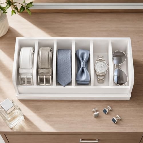 Bamboo Belt Rack, 6-Compartment Belt Organizer and Displayer for Closet White