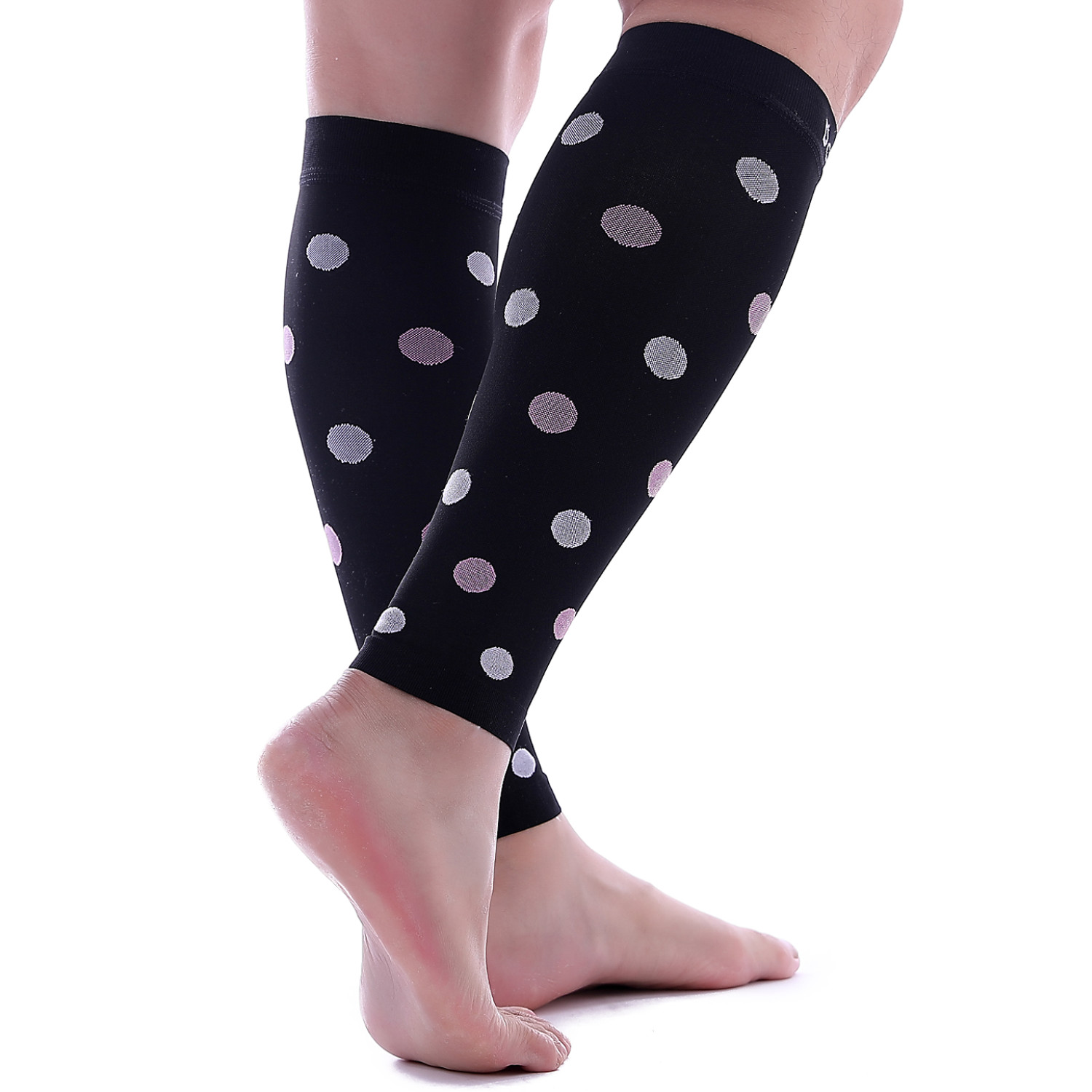 Doc Miller Calf Compression Sleeve 1Pair 20-30mmHg Varicose Polka Dot BLK/PNKWHT
