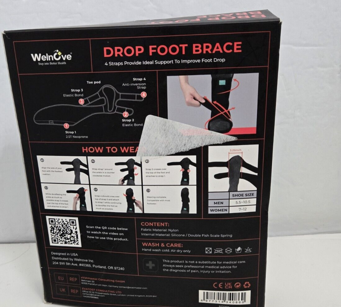 Welnove Drop Foot Brace Arch Support AFO Ankle Walking R L Sz M 5.5-10.5 W 7-12
