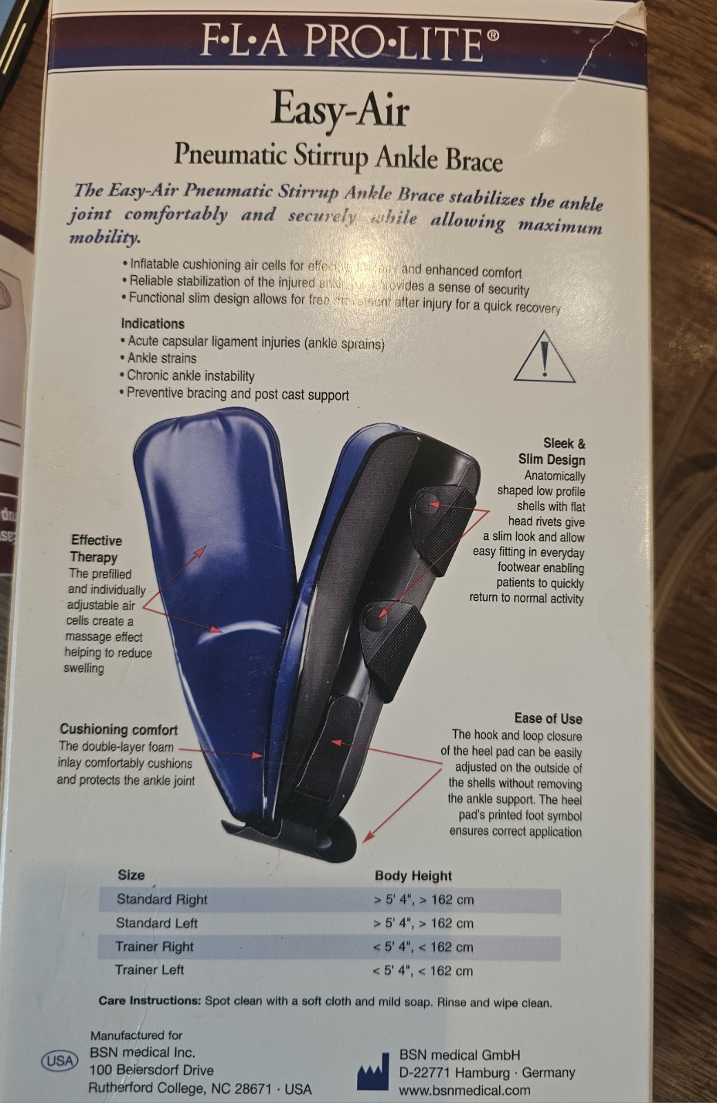 FLA Pro-Lite Easy-Air Pneumatic Stirrup Ankle Brace Standard Right Never Used