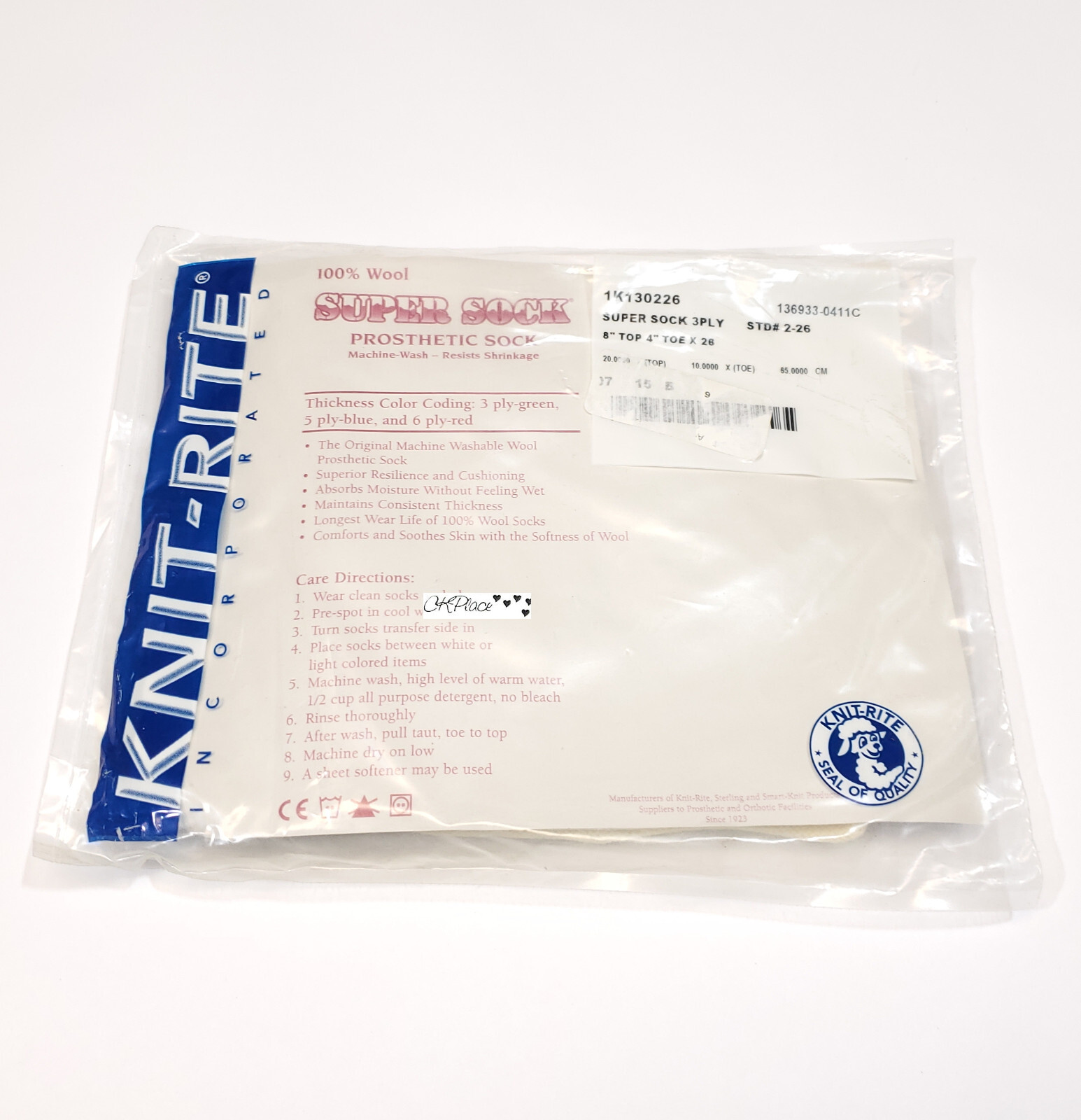 Knit-Rite Super Sock Prosthetic Sock 100% Wool 8″ Top 4″ Toe x 26″