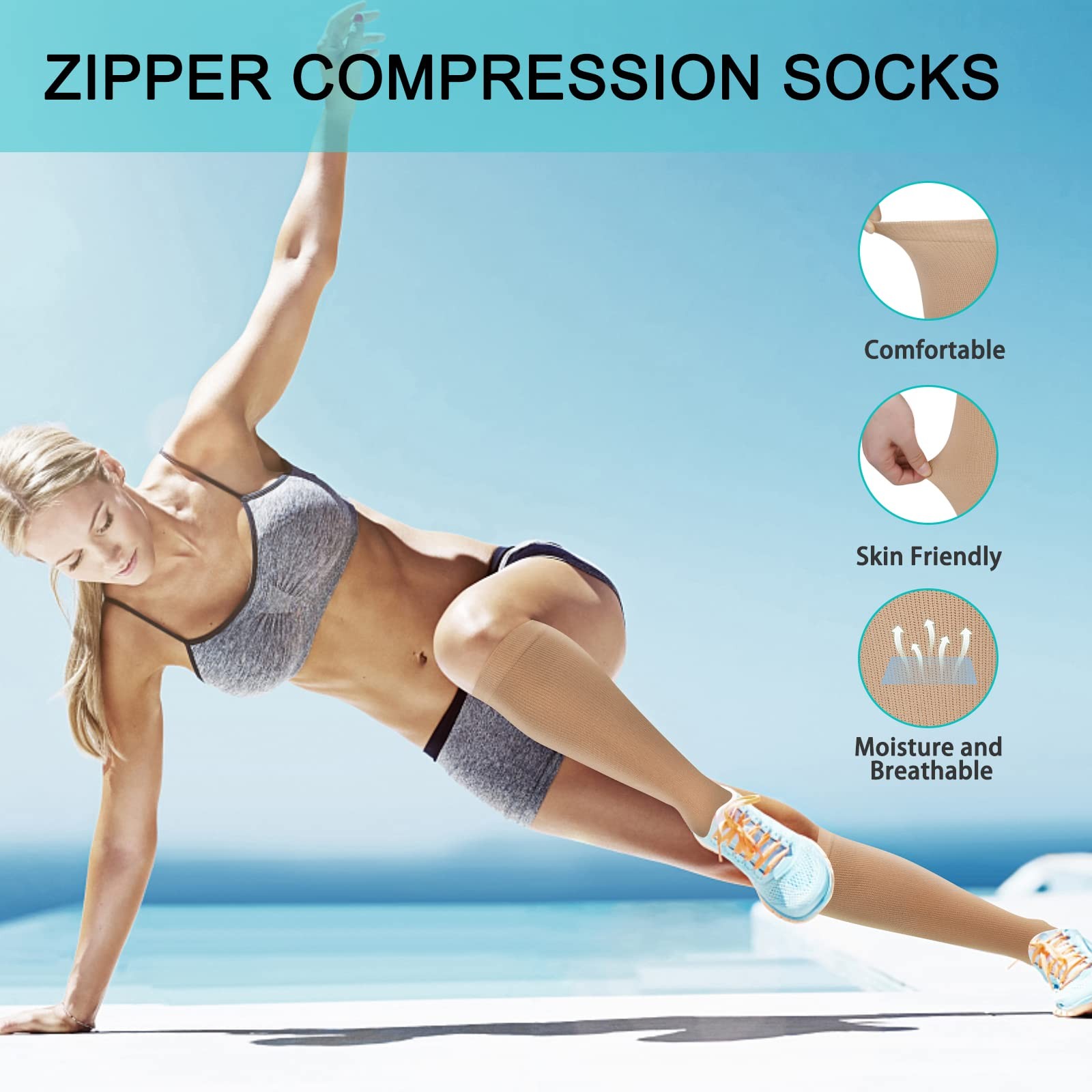 2 Pairs Zipper Compression Socks, 15-20 mmHg Closed Toe, Stocking, Women, Men