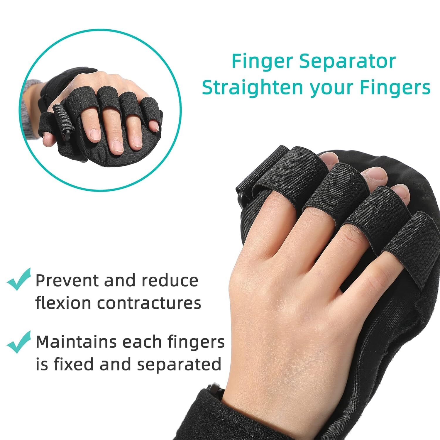 Stroke hand splint for night use, stabilizes fingers/wrist, aids rehab and pain.