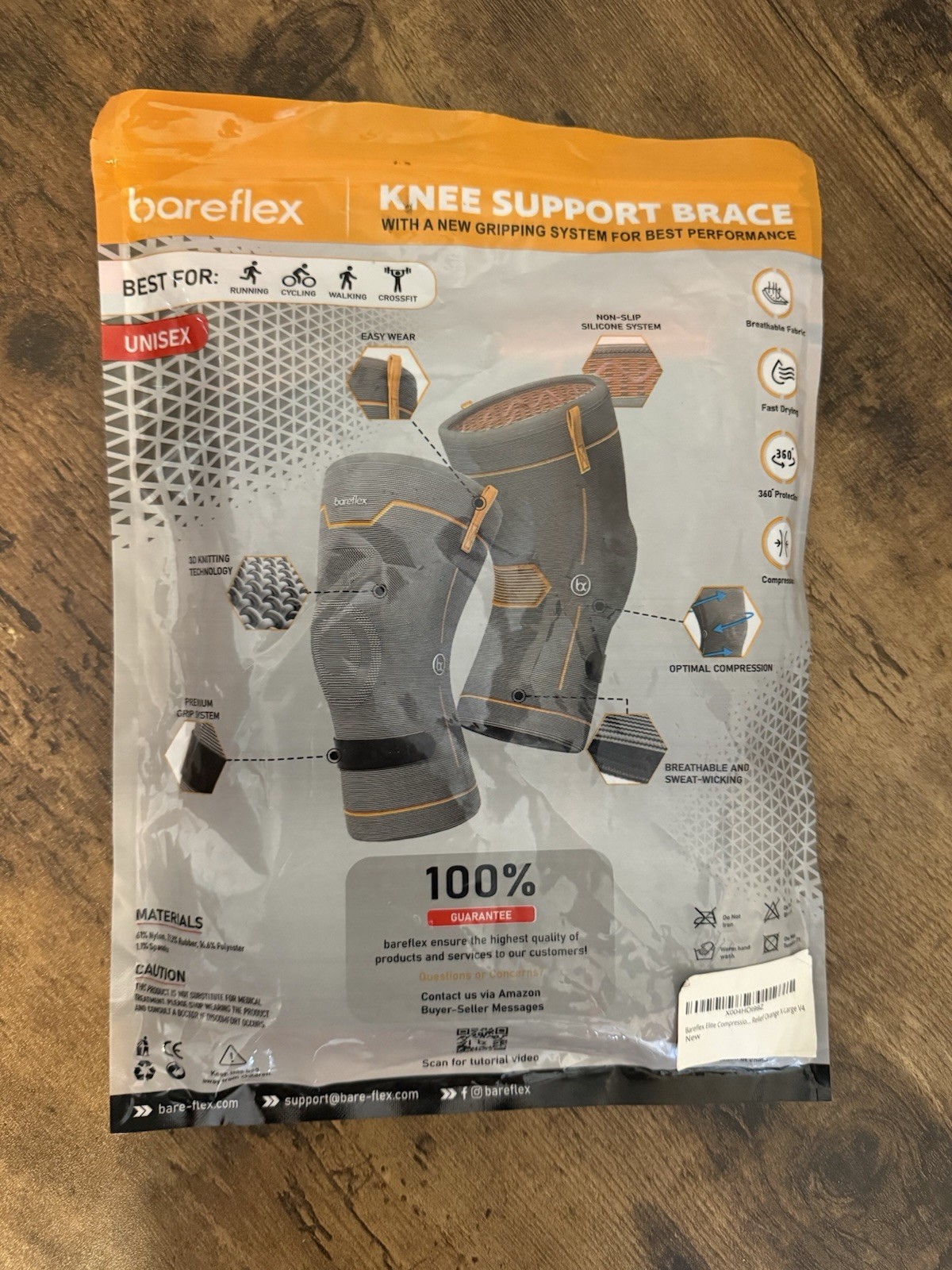 bareflex Elite Knee Brace Pair XL Gray/Orange Knee Support Compression