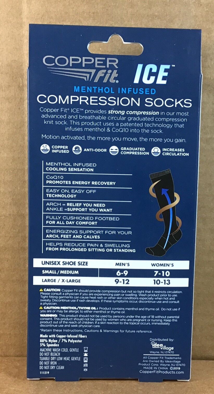 Copper Fit Ice Compression Socks Menthol Infused Black L/XL