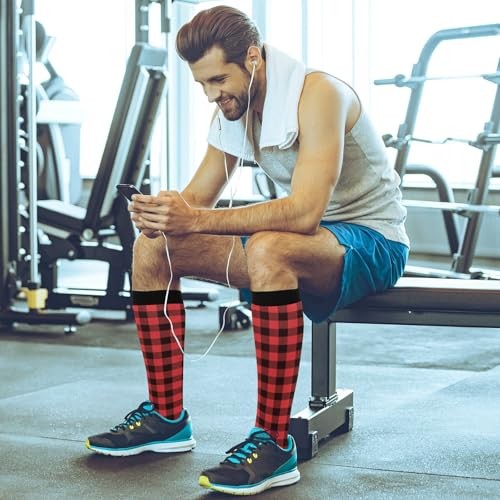 JUNZAN Buffalo Plaid Red Black Knee High Socks Compression Socks for Women Men