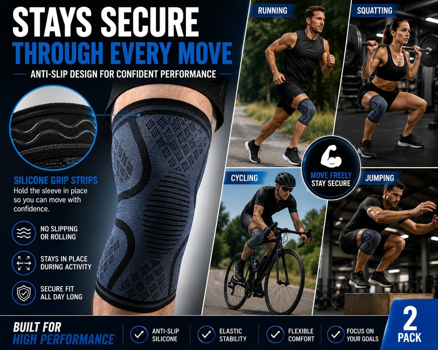 2 PCS Compression Knee Brace Support Sleeve For Joint Meniscus Arthritis