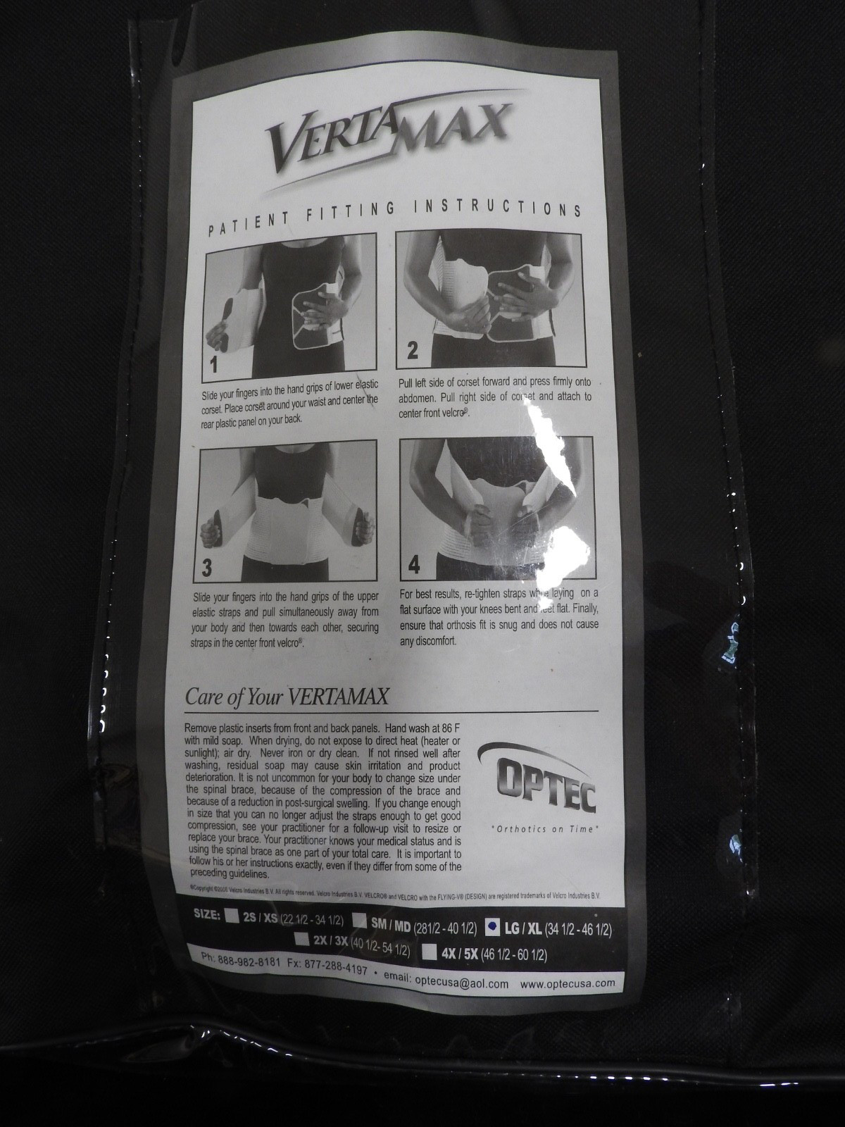 NOS Optec VertaMax Spinal Lumbar Back Support to the Max – L/XL