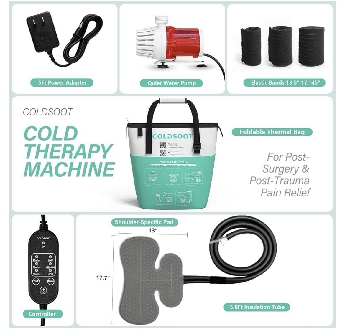 COLDSOOT Cold Therapy System Shoulder Machine w/ Compression Pad Timer 9 Qt