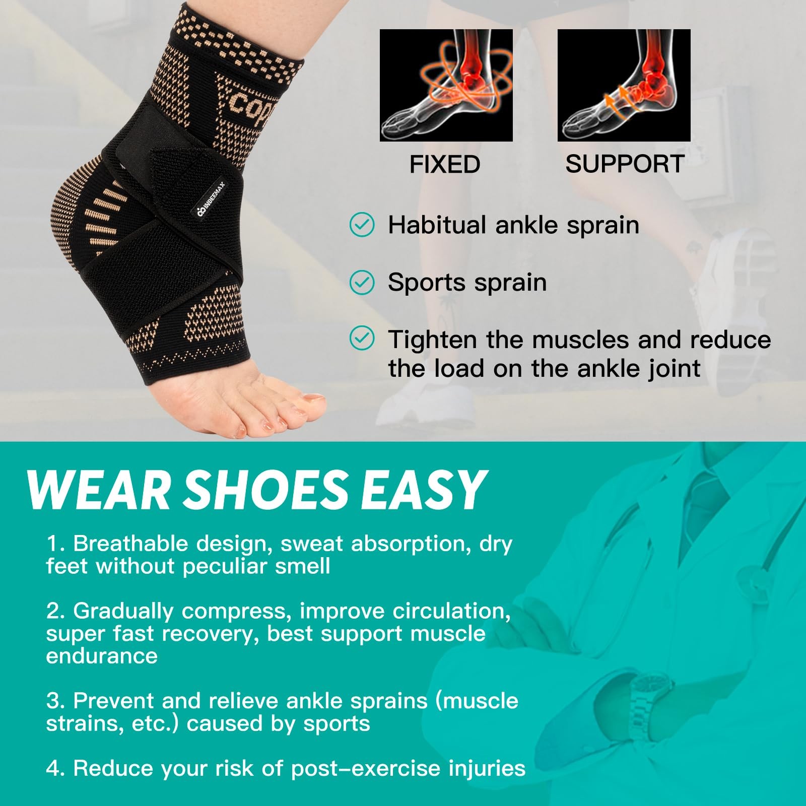 INDEEMAX Ankle Brace for Sprained Compression XX-Large, Copper Black