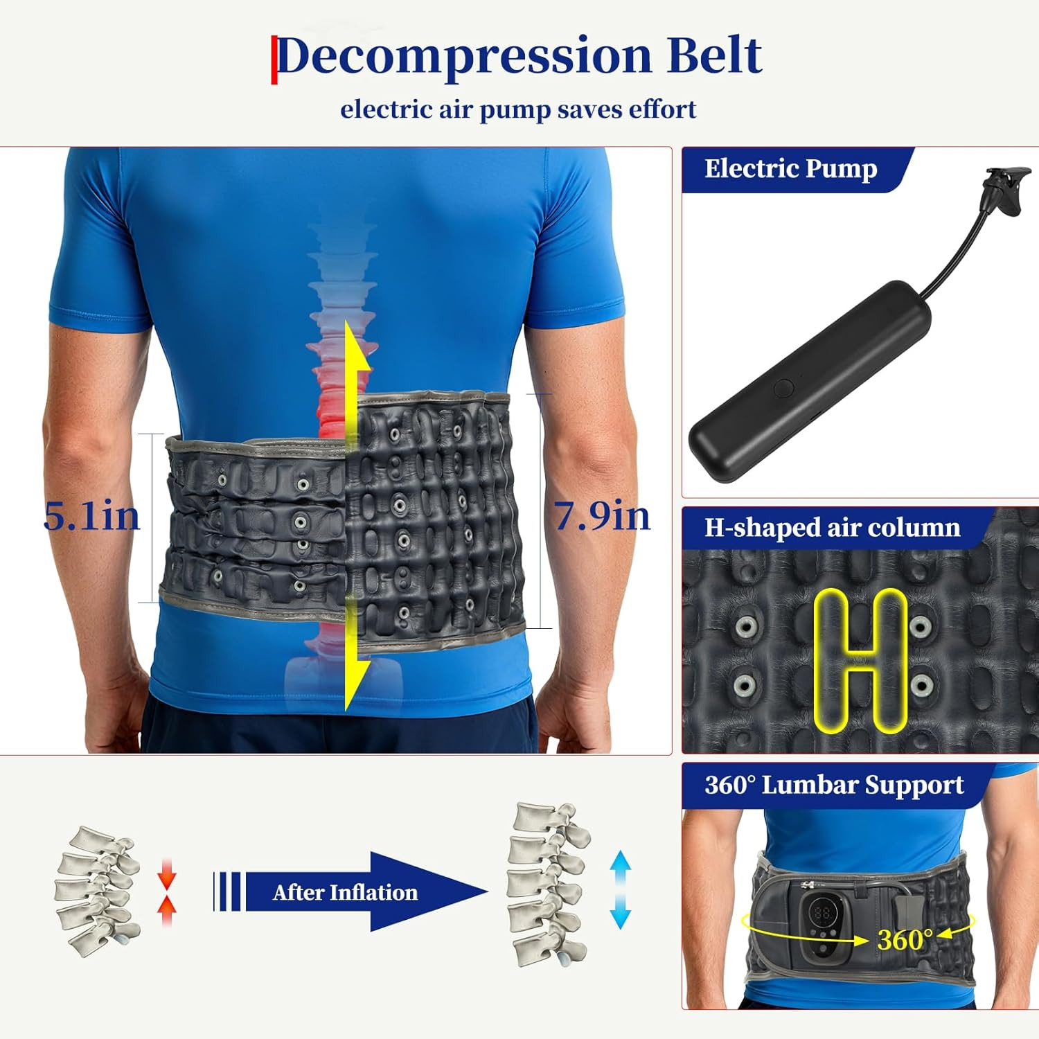 Red Light Massage Decompression Belt for Instant Lower Back Pain Relief, Pump up