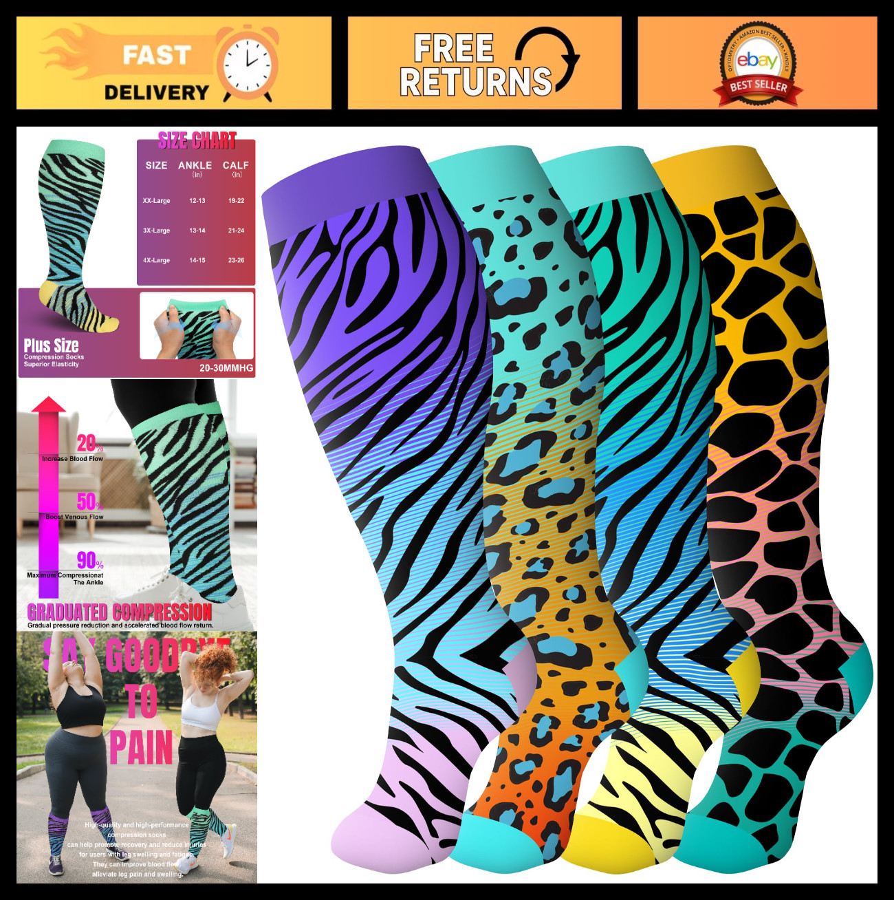 Plus Size Compression Socks 20-30 mmHg for Women & Men – Extra Wide Calf Support