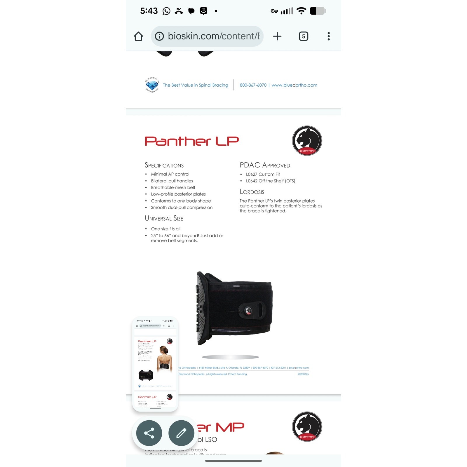 Blue Diamond Orthopedic Panther LP Spinal Brace. Adjustable Lower Back Brace.