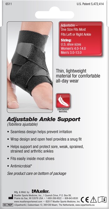 Mueller Adjustable Ankle Support, Black – One Size Fits Most