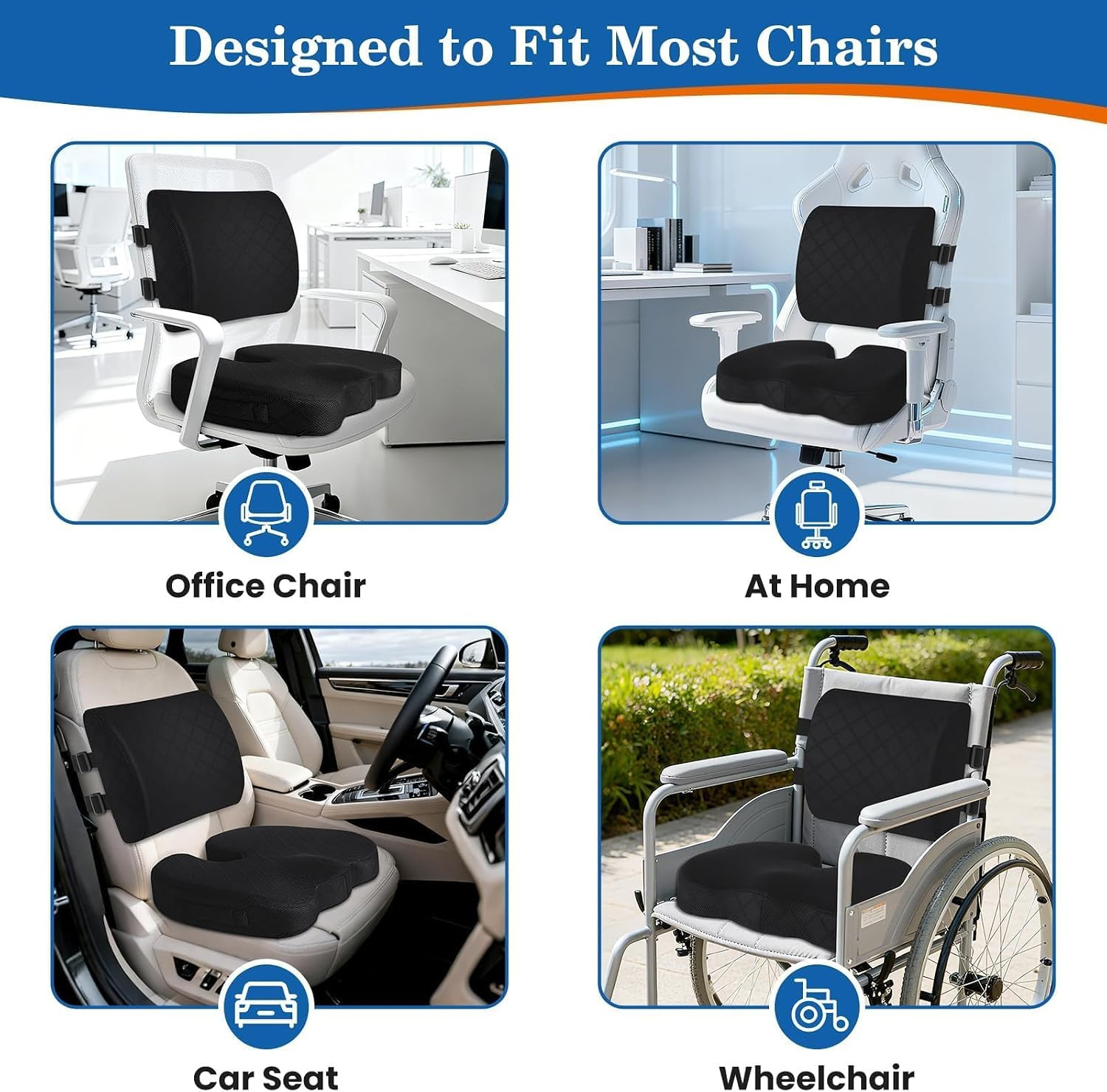 Memory Foam Seat Cushion Lumbar Back Support Office Car Wheelchair Travel Black