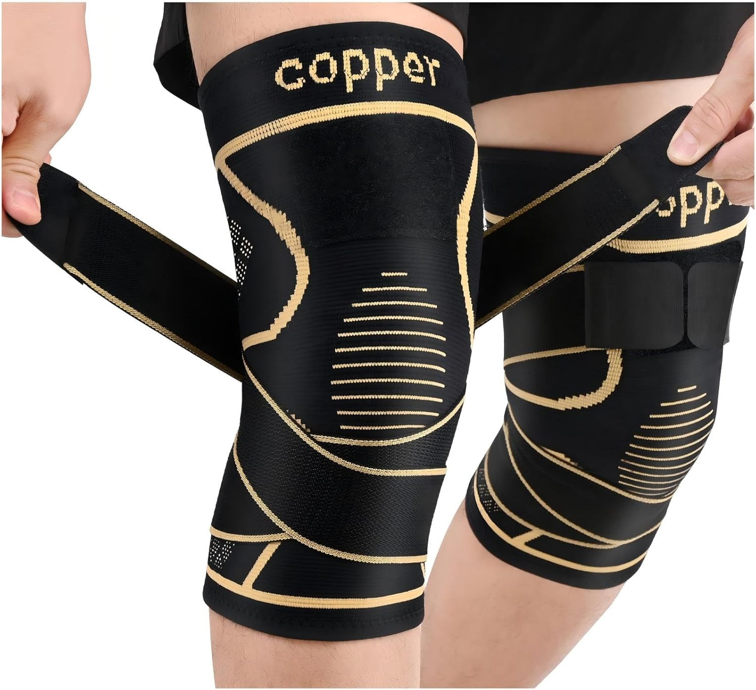 Copper Knee Brace for Women Men 2-Pack, Knee Compression Sleeve with Straps, Kne