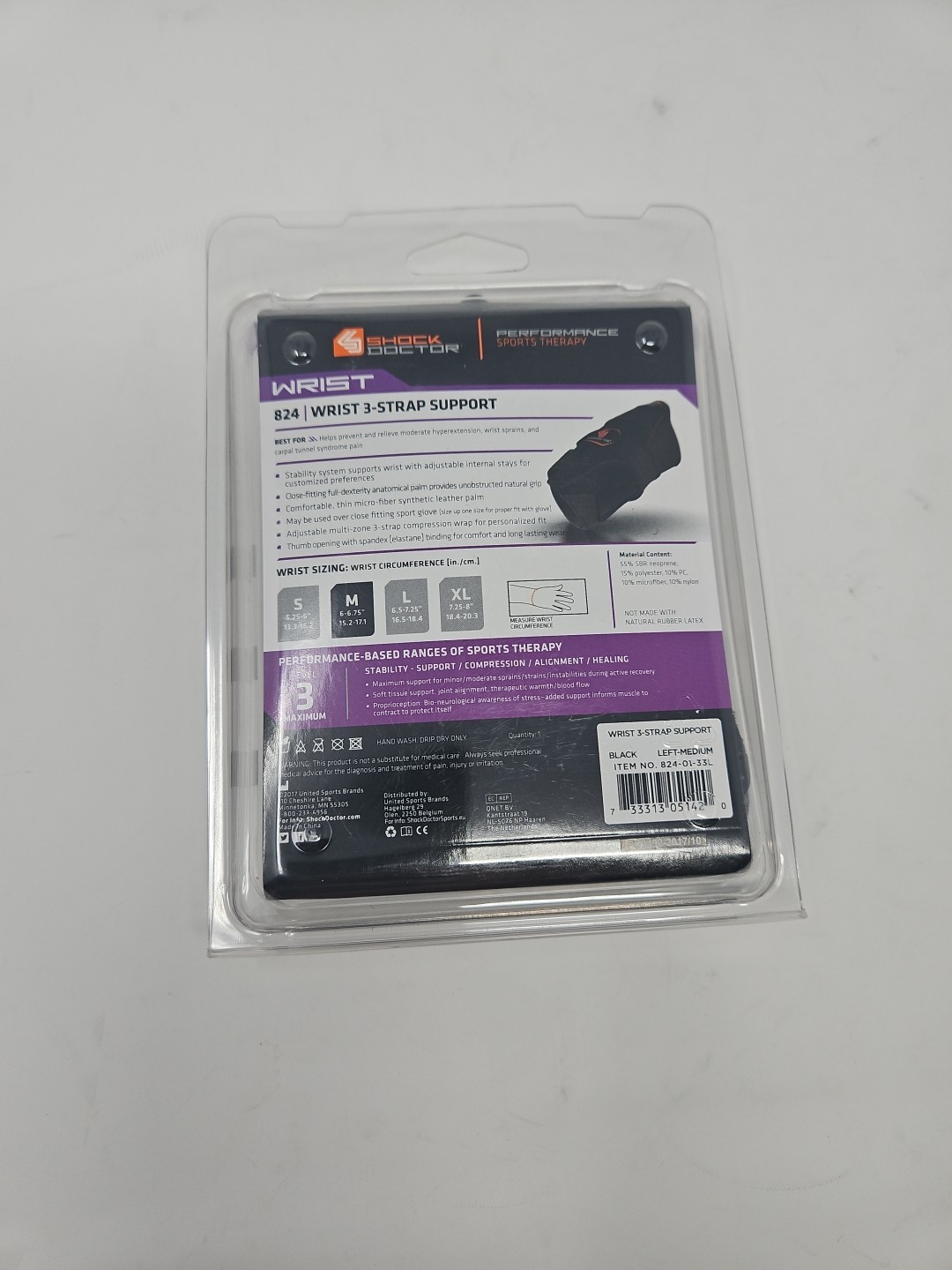 Shock Doctor 824 Wrist 3 Strap Support Left Size Medium Black Level 3