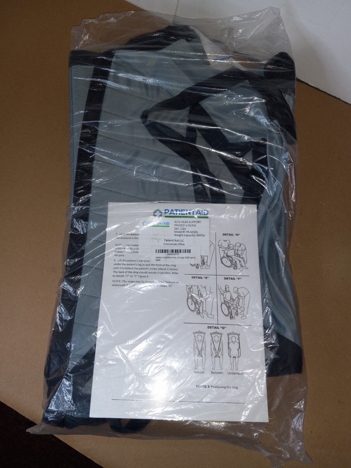NEW! Patient Aid Padded U-Sling w/o Head Support Unisex Size: XL 600lb Capacity