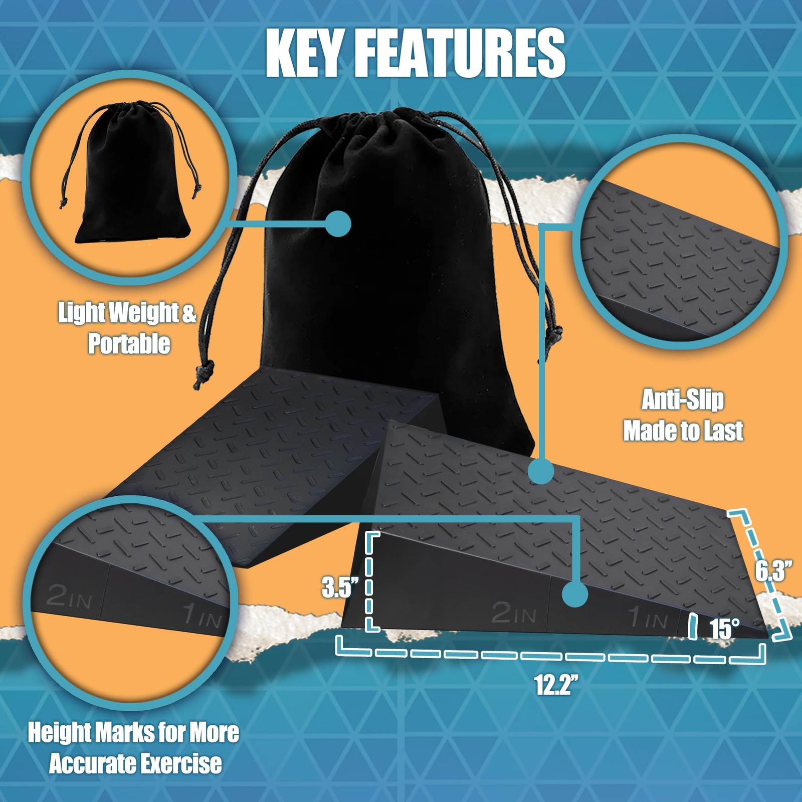 Squat Wedge for Prefessional Trainer: 2Pcs Heel 12.25″, black