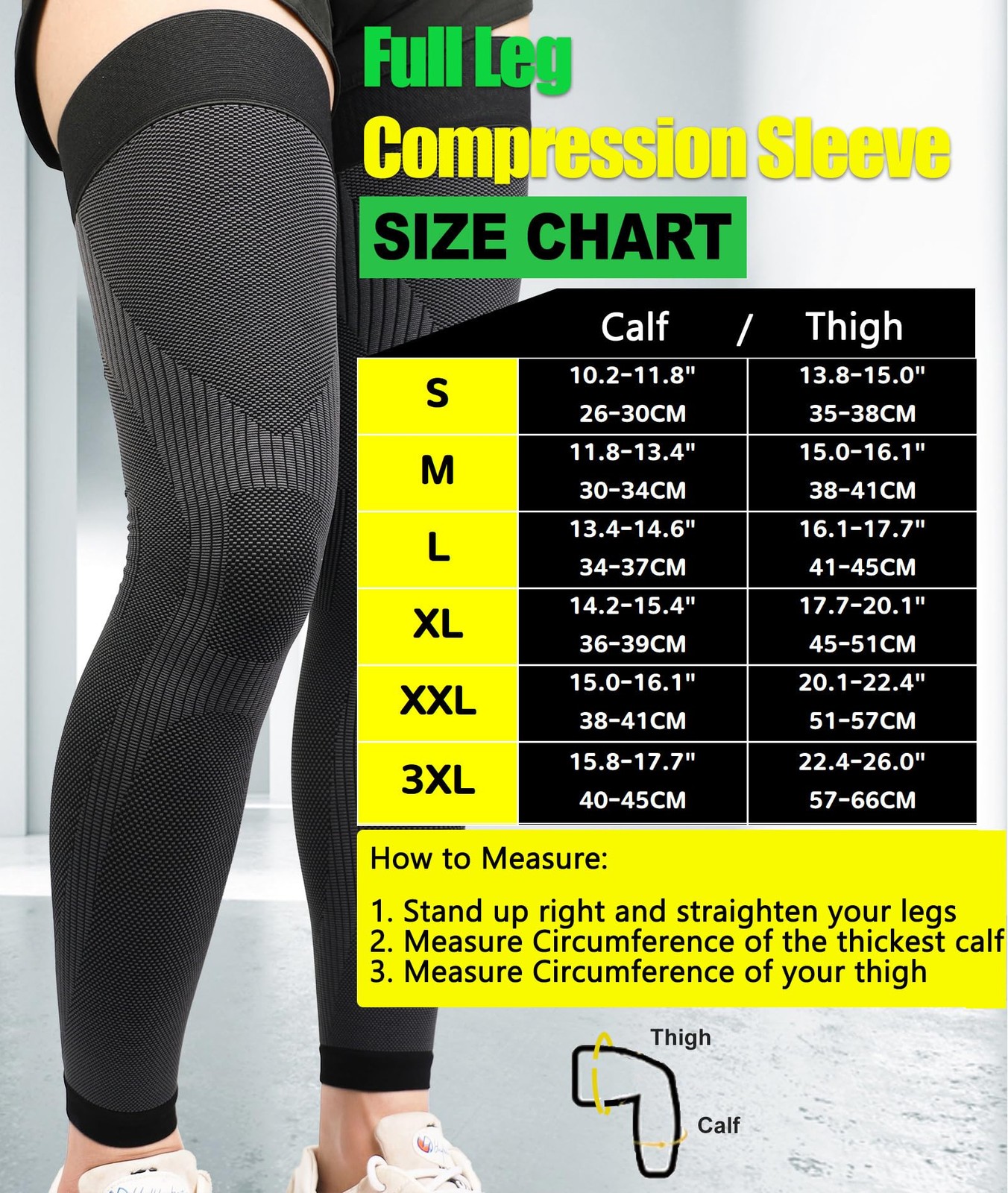 KEKING® Full Leg Compression Sleeves, Unisex, Thigh High Large, Black
